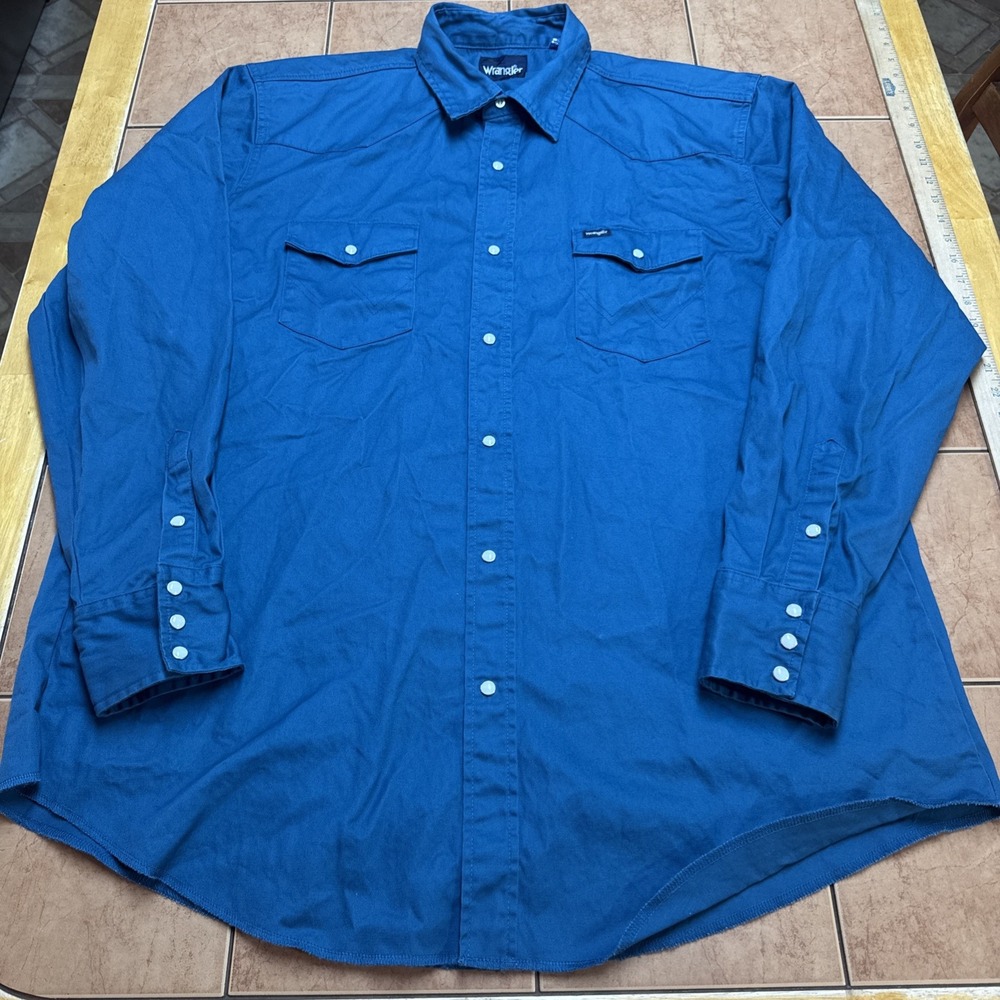 VTG Wrangler Brushpopper Shirt Mens XXLT Blue Pearl Snap Rodeo Western Cowboy